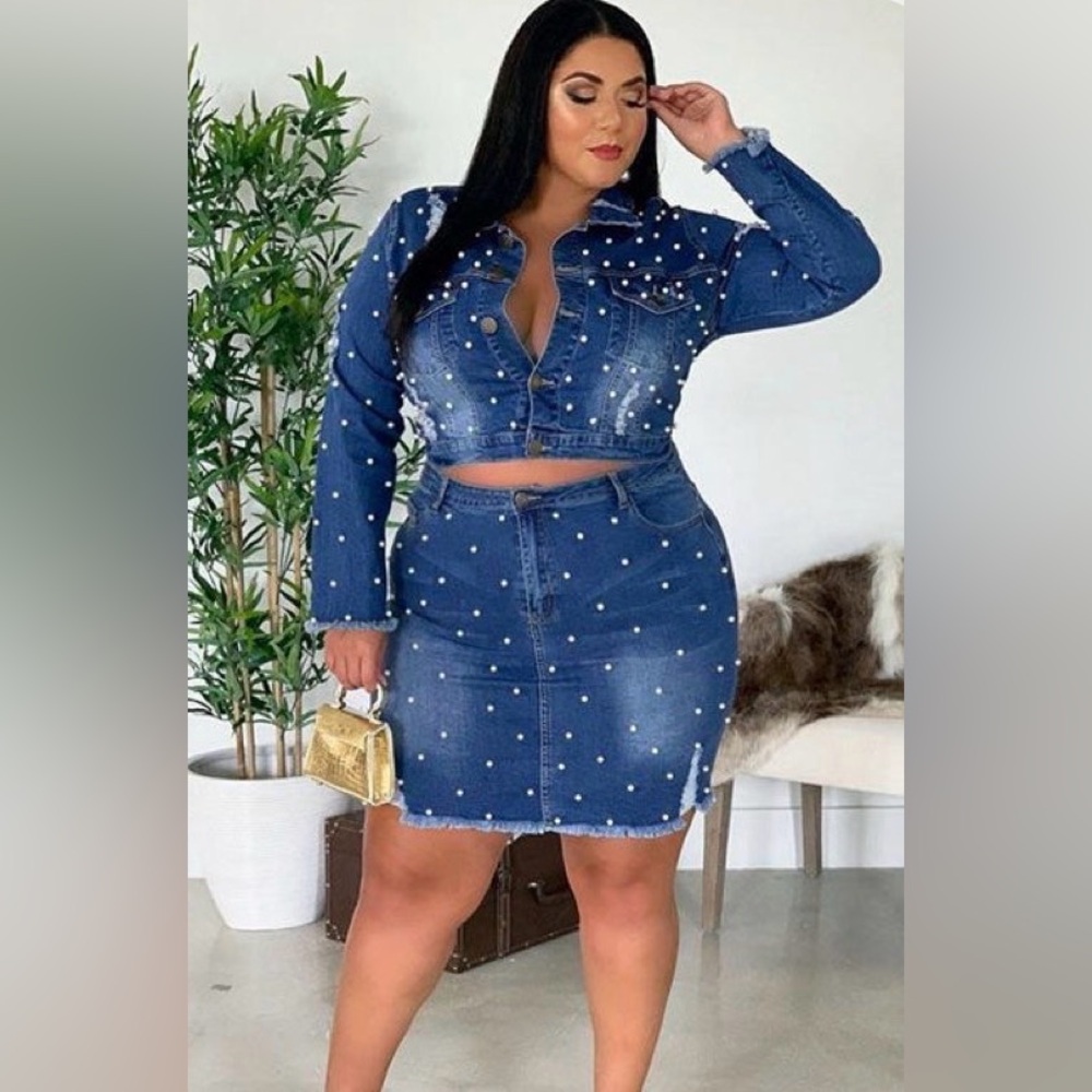 NEW • Denim Pearl-Embellished Skirt Set NWOT